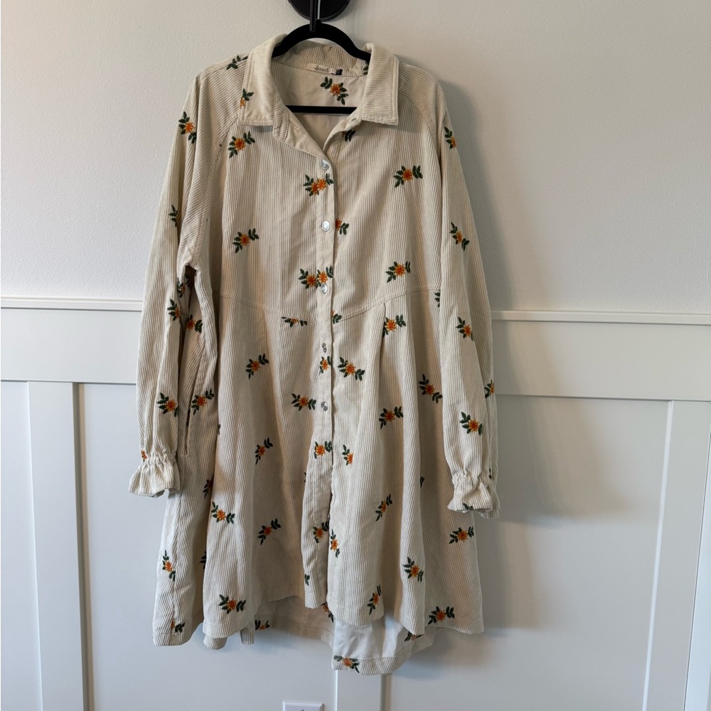 Cream Corduroy Embroidered Buttoned Midi Dress with Notched Collar